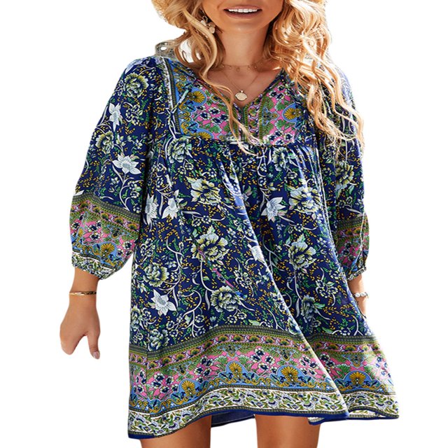 Robe d'Été Courte de Plage pour Femmes Manches Longues Col en V Boho Vintage Robe Florale