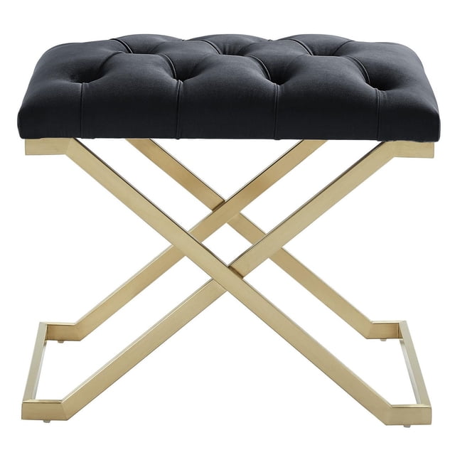Contemporary Velvet & Stainless Steel Bench in Black & Gold with a black velvet tufted cushion featuring diamond-patterned button detailing on a brushed gold stainless steel X-shaped base, suitable for entryway or bedroom seating and often used as a vanity stool.