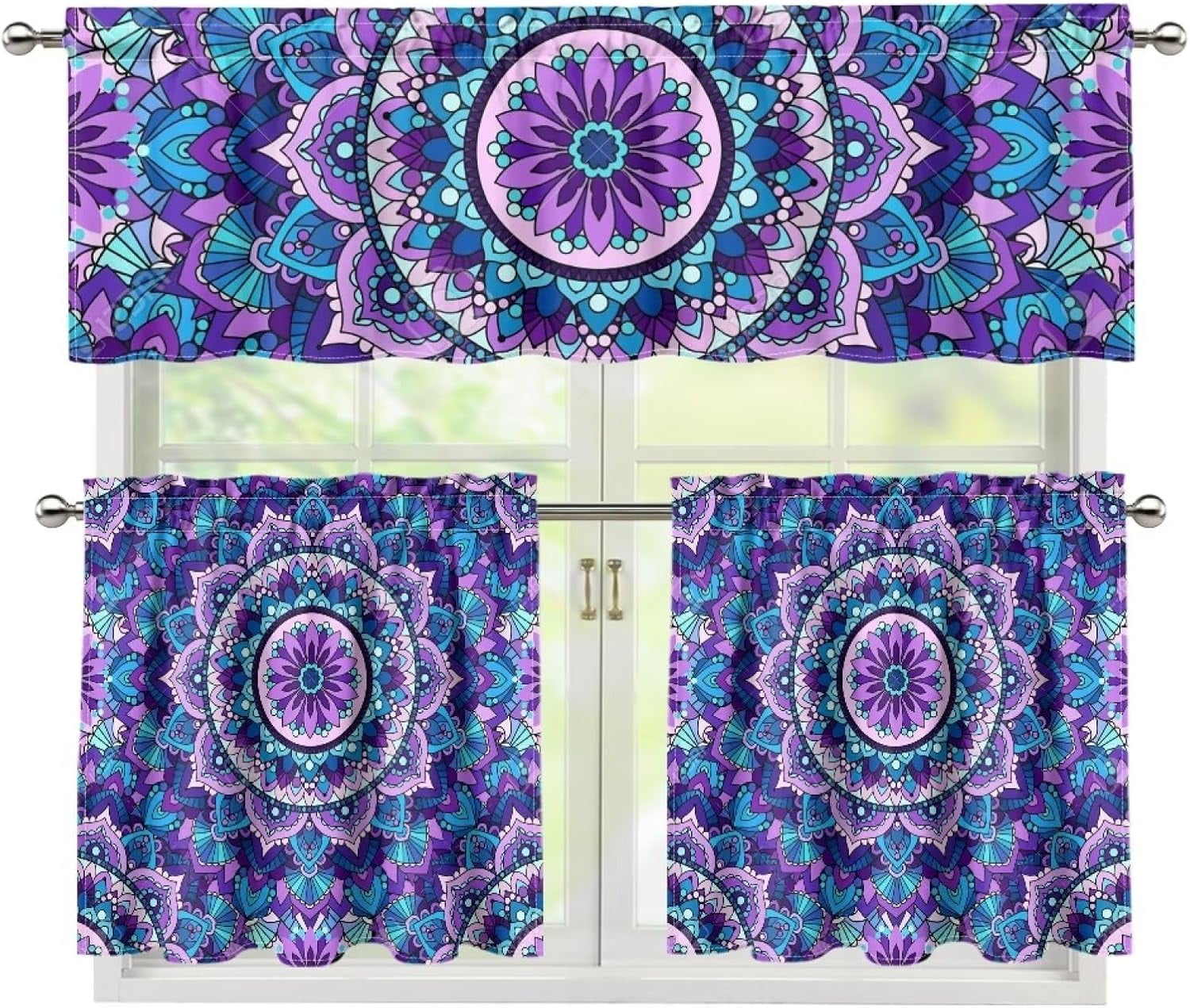 Mandala Kitchen Curtain and Valances Set for Windows Valance Curtain Panel Drape Treatment Short Valances Bathroom Decor Curtains 3 Piece Set