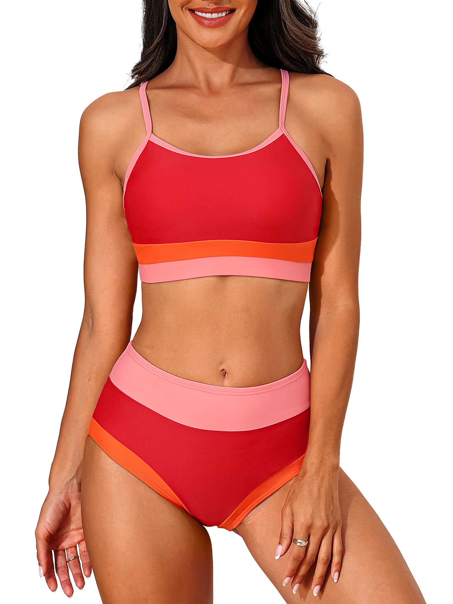 Scoop Neck Bikini Sets for Womens Adjustable Straps Bathing Suit High Waisted Two Piece Swimsuit
