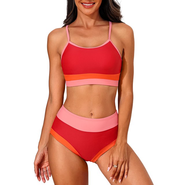 Scoop Neck Bikini Sets for Women featuring a sporty two-piece swimsuit with adjustable straps and a high-waisted bottom. The bikini is color-blocked in vibrant red, pink, and orange tones, made from 82% nylon and 18% spandex for a soft, breathable, and quick-drying fit. The top includes removable bra pads for lightweight support, while the modest leg-cut bottom offers full coverage and tummy control. Suitable for swimming, beachwear, and other water activities.