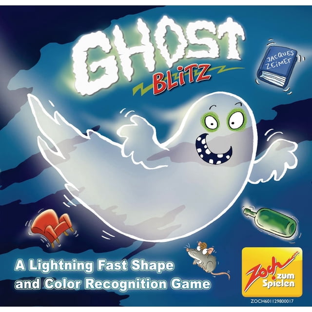 Boîte d'Art de Jeu de Société Ghost Blitz Mettant en Vedette un Grand Fantôme de Dessin Animé Blanc aux Yeux Verts et au Grand Sourire, Entouré d'Objets Flottants Incluant un Fauteuil Rouge, une Bouteille Verte, une Souris Grise et un Livre Bleu Étiqueté « Jacques Zeimet » sur un Fond Bleu Foncé, le Mettant en Valeur comme un Jeu de Réaction de Reconnaissance des Formes et des Couleurs Rapide comme l'Éclair.