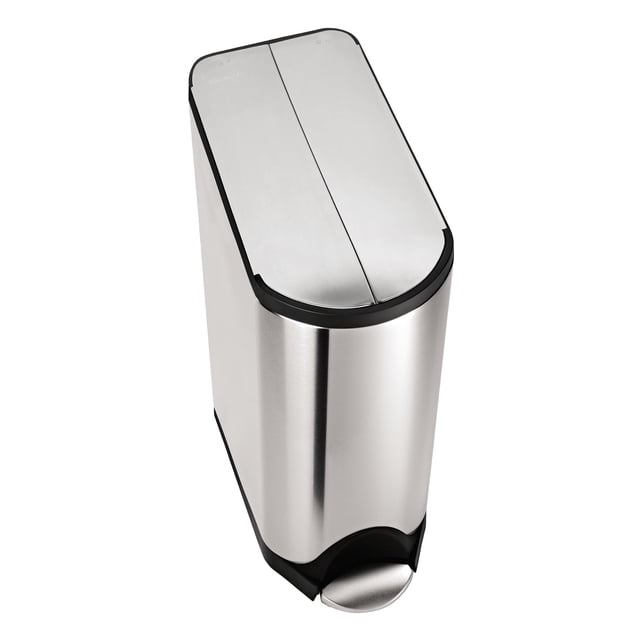 Simplehuman 40 Liter / 10.6 gal stainless steel dual compartment butterfly lid kitchen step trash can recycler in a brushed finish. Features an innovative butterfly lid design that opens from the center for maximum clearance under low countertops. Includes two inner buckets for separating trash and recyclables, a strong steel pedal engineered to last 150,000 steps, and patented lid shox technology for a smooth, silent close. Slim, space-efficient shape suitable for modern kitchens.