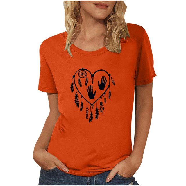 Dadaria T-Shirt pour Femme T-Shirt Orange Hauts T-Shirt à Manches Courtes Col Ras du Cou Tee d'Été Empreintes de Mains Chandail Blouses S