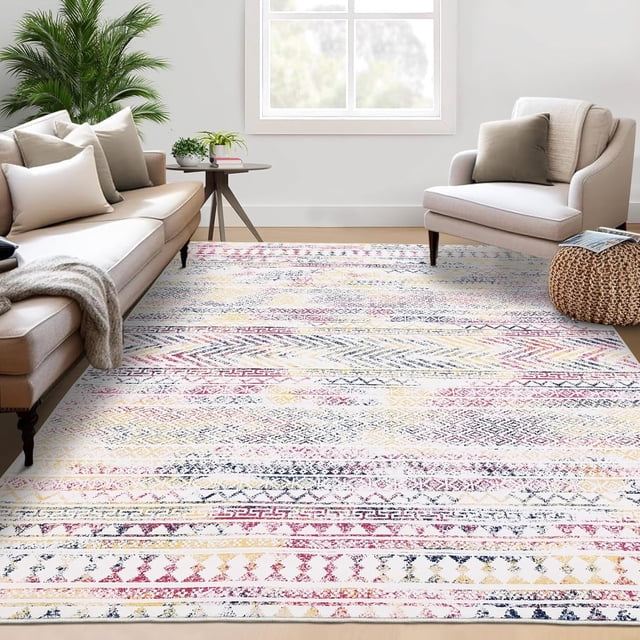Twister.CK Washable 8' x 10' Vintage Striped Area Rug, Soft Living Room Rug Stain Resistant Indoor Carpet Non Slip Low Pile Floor Cover for Bedroom Dining Room, Colorful
