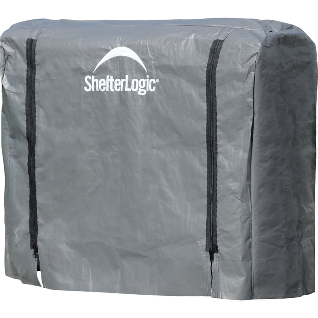 ShelterLogic 4 x 4 ft Grey Firewood Rack Full Length Cover made of ripstop triple-layer woven polyethylene fabric with UV treatment, featuring double vertical black zipper closures for easy access, designed to fit most 4 ft wood racks and protect firewood from all seasons.