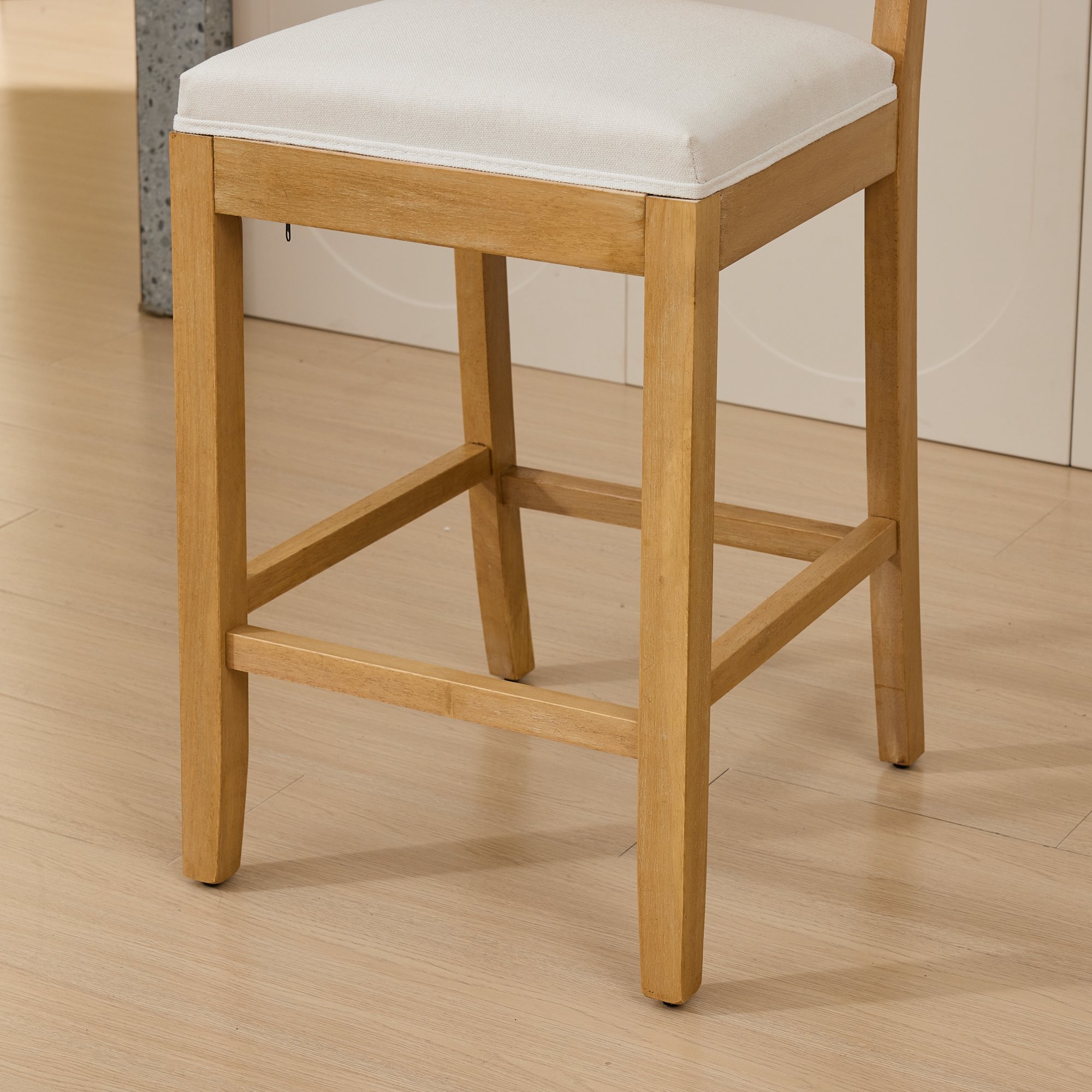Noble House Full Solid Wood Rattan-Back Bar Stool Set of 2,Matte Linen Cushion with High-Resilience Foam & S-Springs,Beige