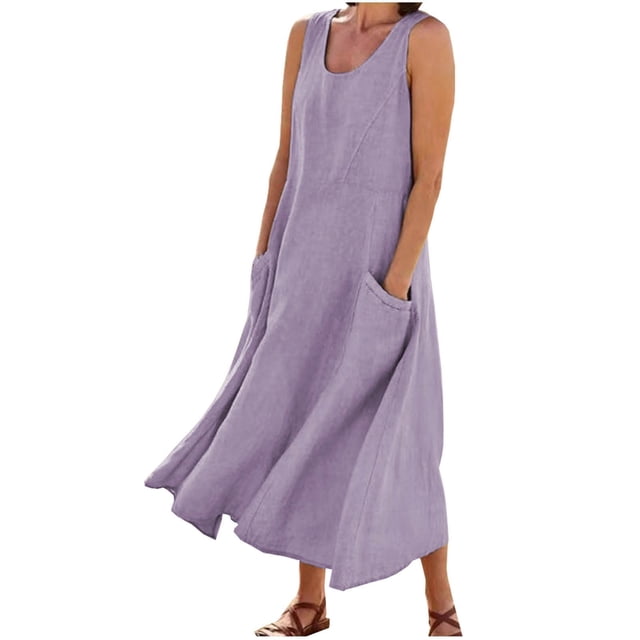 Robe Longue d'Été Sans Manches en Coton et Lin pour Femmes, Encolure Dégagée, Décontractée, Fluide, Ample, Maxi, avec Poche, pour Plage et Vacances