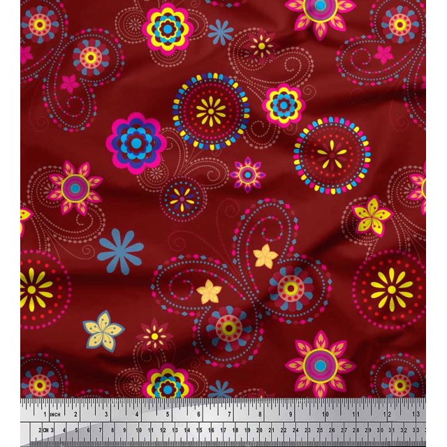 Soimoi Red Rayon Fabric Insect & Floral Clip Art Fabric Prints by Yard 56 Inch Wide