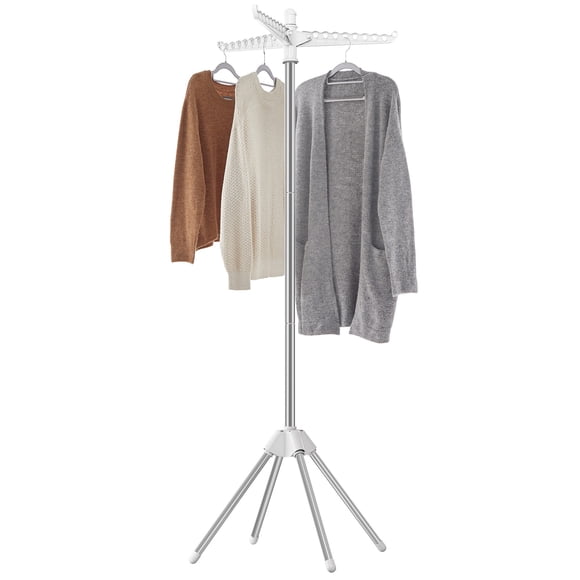 SONGMICS Clothes Drying Rack, 59-Inch Folding Laundry Drying Rack with 3 Rotatable Arms for Hangers, 4 Legs, Stainless Steel, for 27 Pieces of Clothes, White and Silver