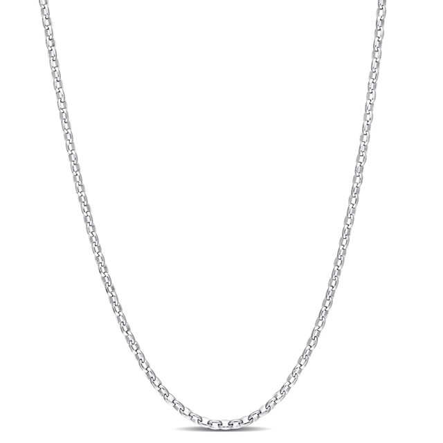 Miabella Sterling Silver Rolo Chain Necklace in a centered front view, featuring 1.85mm sterling silver rolo links with a high polish finish and lobster clasp, made in Italy, suitable for layering or as a standalone statement piece.
