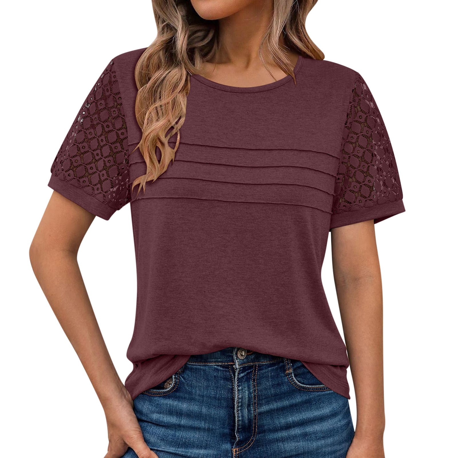 XYAIXT Women's Short Sleeve T-Shirts Lace Summer Tops Crew-neck