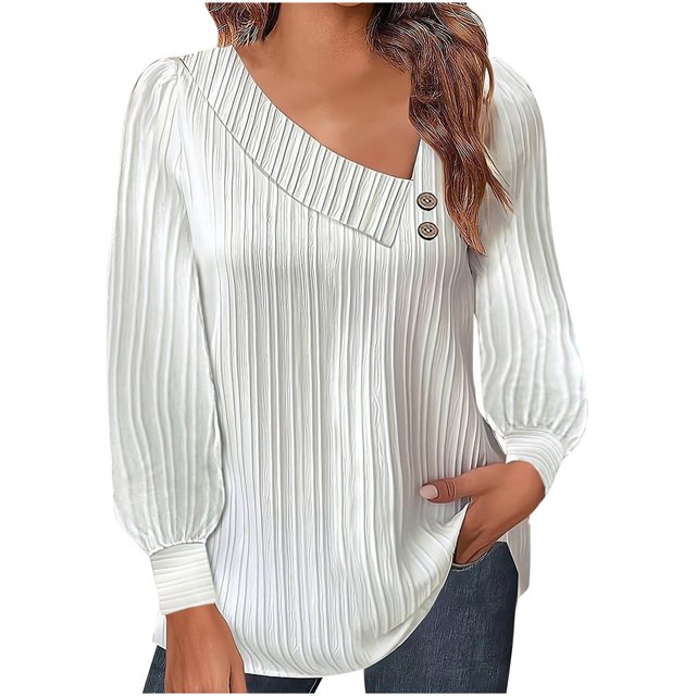 Yuyuzo Womens Puff Long Sleeve Shirts Collared Button V Neck Tunic Tops Textured Loose Fall Blouses