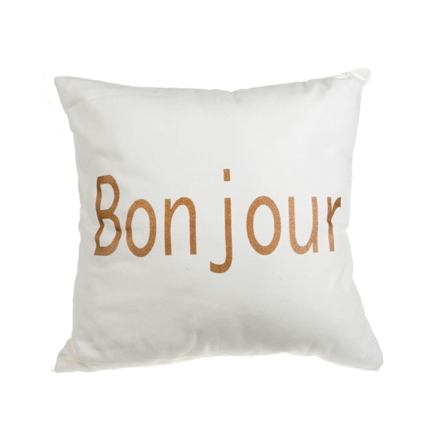 Bonjour - White Canvas Filled Cushion set of 2, square white canvas throw pillows with gold 'Bonjour' print, ideal for home décor on sofas, couches, or beds providing cozy back support and decorative appeal, also suitable as accent cushions for reading nooks or lounge chairs.