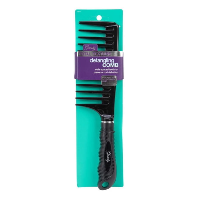Goody Total Texture Gentle Detangler Hair Comb with wide-spaced, extra-long black teeth and textured non-slip grip handle, designed to gently detangle and preserve curl definition in curly and textured hair, shown in teal packaging with purple label.