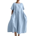 thumbnail image 1 of Robes Caftans en Coton et Lin pour Femmes Grande Taille à Manches Courtes Amples et Larges Robe Maxi Plissée à Volants Longue Robe Bleu Ciel, 2TG, 1 of 3