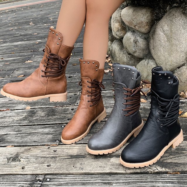 LOVZFMLL Bottes pour Femmes Mi-Mollet Bottes d'Hiver à Lacets Bout Rond Sangles Ajustables Talon Bas Épais Décontractées Mode Automne Chaussures