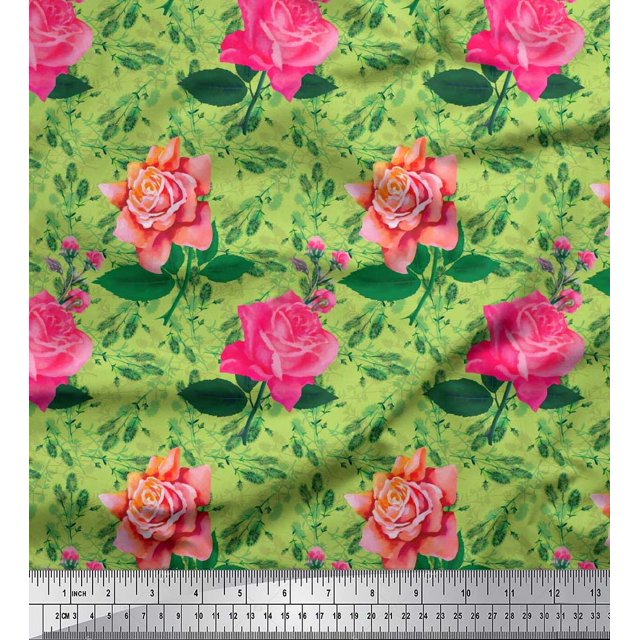 Soimoi Tissu en Voile de Coton Vert Imprimé Feuilles & Roses au Mètre 42 Pouces de Large