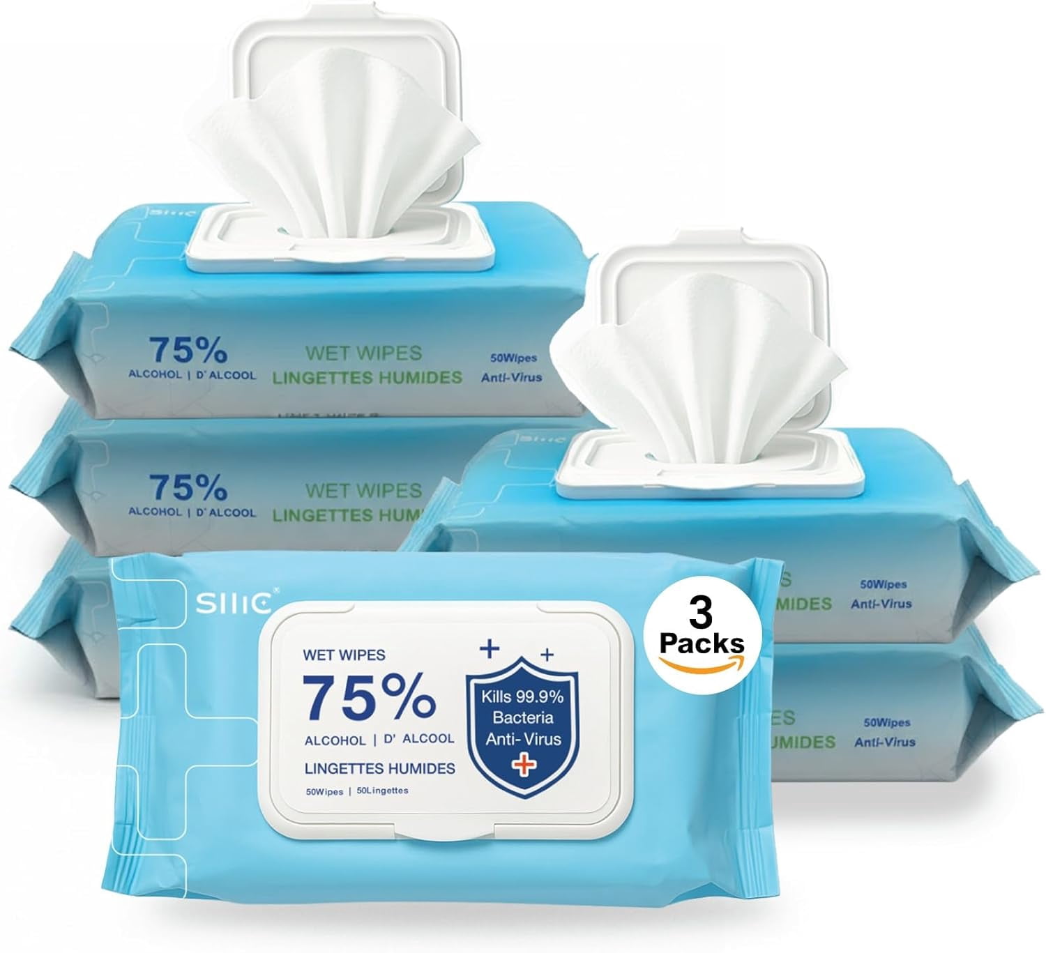 Sllic® Large Disinfectant Wet Wipes - All-Purpose - 75% Alcohol Wipes - Clean & Sanitize Surfaces & Skin - Skin Safe - Quick-Drying & Non-Sticky Formula - Unscented - 150 Wipes (3 Packs of 50 Each)