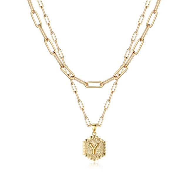 Colliers à Initiale Superposés pour Femmes, Collier Chaîne Trombone Simple Mignon Pendentif Lettre Hexagone Collier Ras-du-Cou à Initiale Colliers Superposés Dorés pour Femmes,YGold