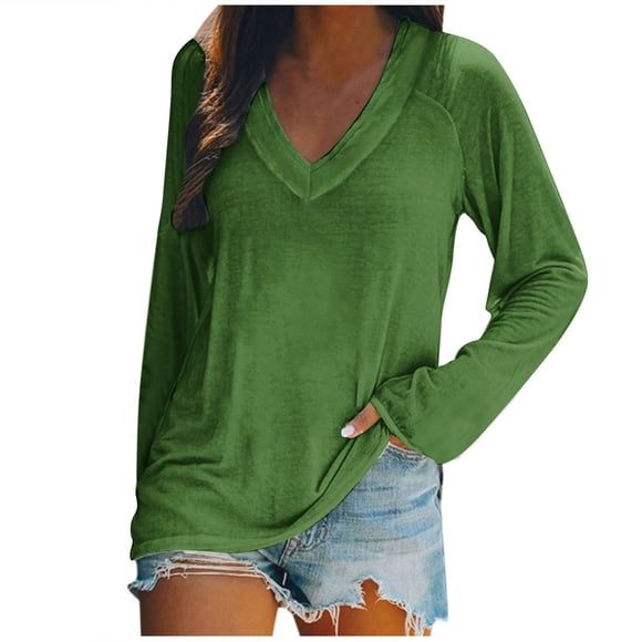 AherBiu Womens T Shirts V Neck Loose Fitted Long Sleeve Basic Tee Oversized Comfy Fall Tops Solid Color