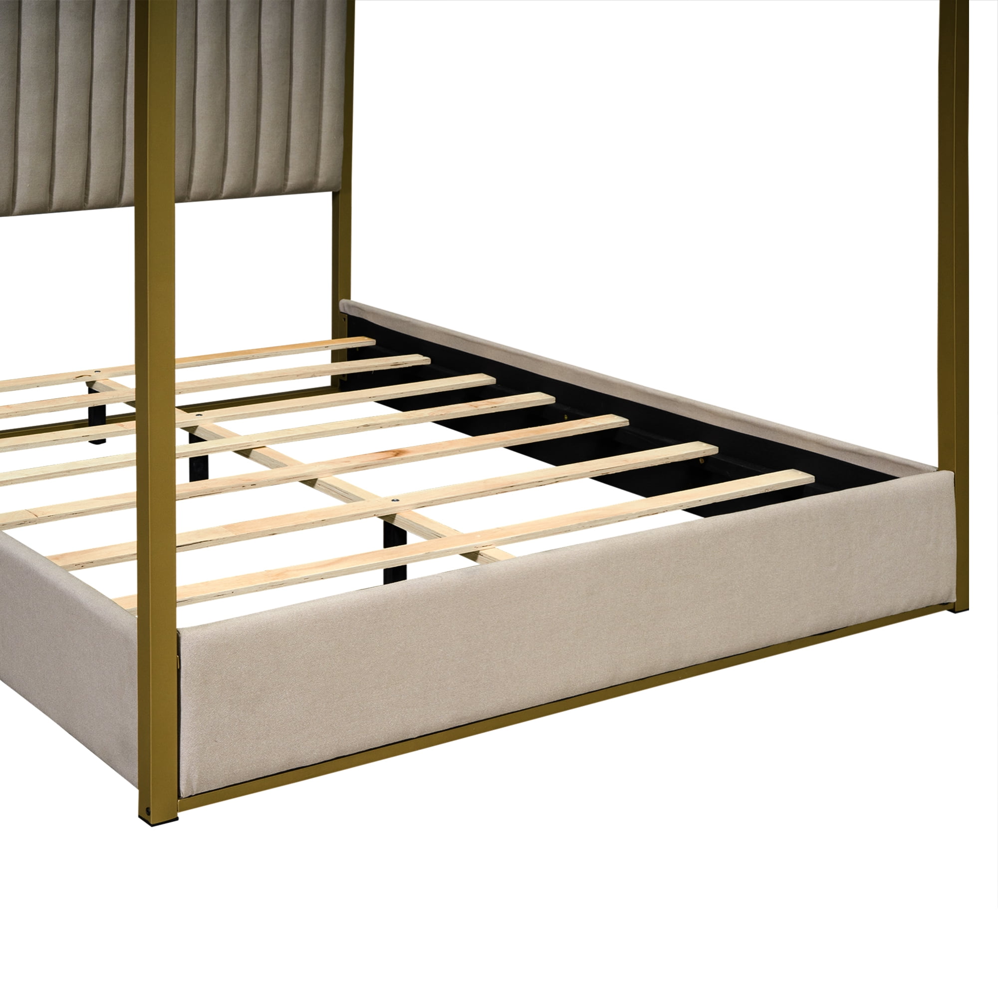Noble House Queen Size Upholstery Canopy Platform Bed with Headboard and Metal Frame, Beige