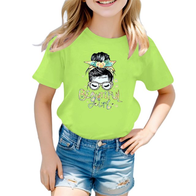 WEAIXIMIUNG T-Shirts à Col Montant pour Fille Enfant Filles Mignon Imprimé Graphique Col Rond Manches Courtes Tee Été Décontracté T-Shirt