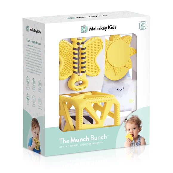 Malarkey Kids The Munch Bunch 3-Piece Baby Teething Gift Set – Silicone Teether Toys, Sensory Blanket & Baby Toothbrush
