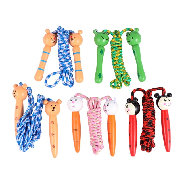 MasteelfCA 1 Bag/5Pcs Wooden Handle Skipping Rope Children Skipping Rope Cartoon Jump Skip Rope Jumping Ropes Exercise Equipment for Kids (Kitty+Frog+Little Man+Little Bear+Rabbit)