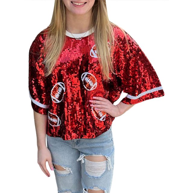 Fortune Hauts à Sequins pour Femmes Manches Courtes T-Shirts Imprimé Rugby Brillants Scintillants Tee Ample