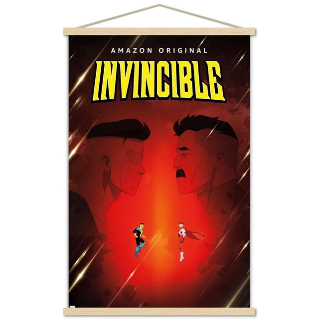 Invincible - Father and Son One Sheet Wall Poster, 22.375" x 34", featuring bold yellow 'INVINCIBLE' text with 'Amazon Original' above on a dark red background. The poster displays two large shadowed side profiles facing each other and two smaller superhero figures in blue-black and red-white costumes floating in the center. It has a glossy finish and is framed with light wood hanger bars, perfect for vibrant home décor wall art.