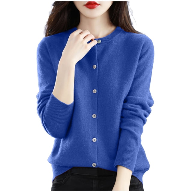 cfhntfmh Cardigan pour Femmes à Manches Longues, Hauts Doux, Col Ras du Cou, Uni, Manteau Chandail à Boutons, Automne 2024