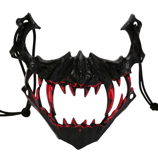 Halloween Dance Performance Two Half Face Bleeding Tiger Yasha Tengu Human Wolf mask featuring a black and red design with sharp, jagged teeth and a menacing appearance. The mask is crafted with intricate details to enhance the Halloween party atmosphere. It includes adjustable straps for secure wear and measures approximately 17x18x4cm. Suitable for role-playing and performances.