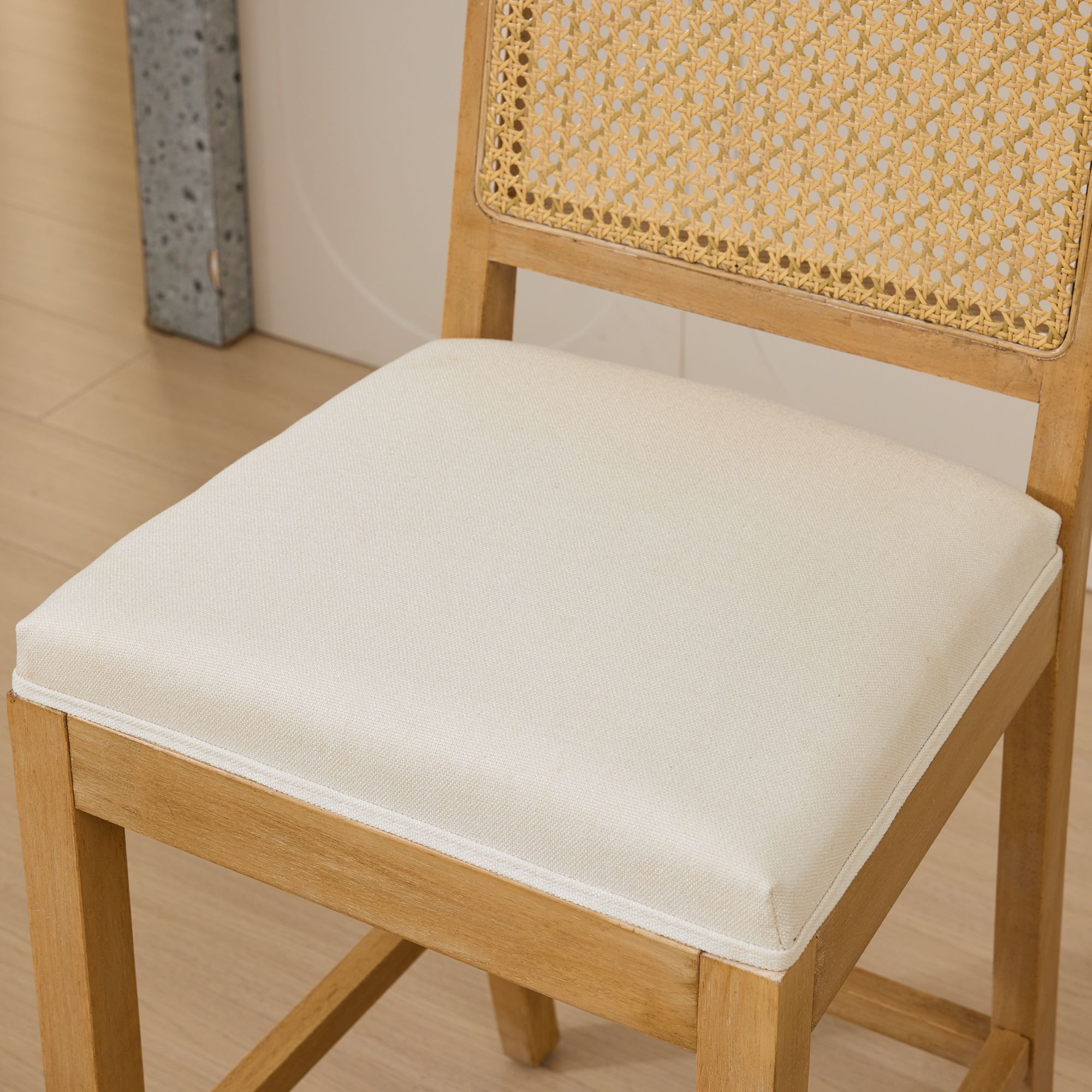 Noble House Full Solid Wood Rattan-Back Bar Stool Set of 2,Matte Linen Cushion with High-Resilience Foam & S-Springs,Beige