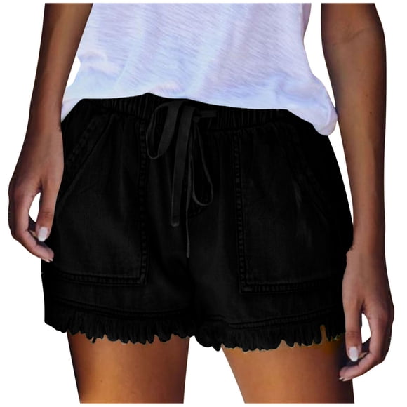 LLYWEY Womens Jeans Shorts, Ladies Ribbed Distressed Denim Shorts, Drawstring Elastic Waist Women Cut Off Jeans with Pockets, Style ST-22, Black, XL