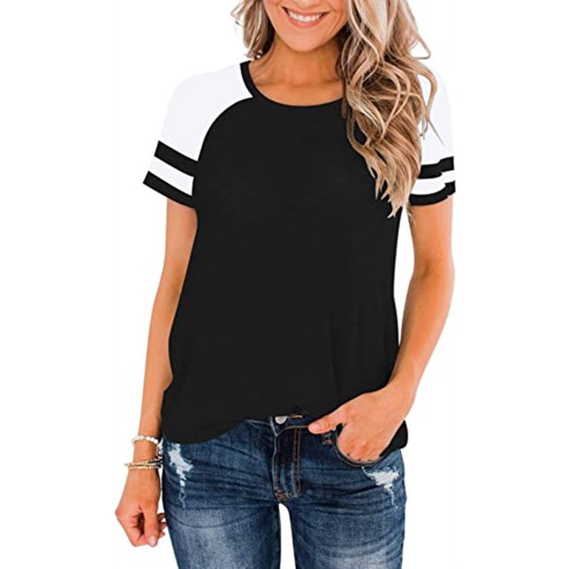 Nouveau T-Shirt Col Rond pour Femmes à Manches Courtes, Haut Décontracté à Blocs de Couleur