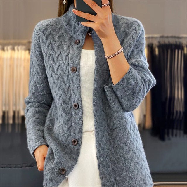Cardigan Chandail d'Hiver pour Femmes, Couleur Unie, Col Tailleur, Veste Tricotée à Manches Longues