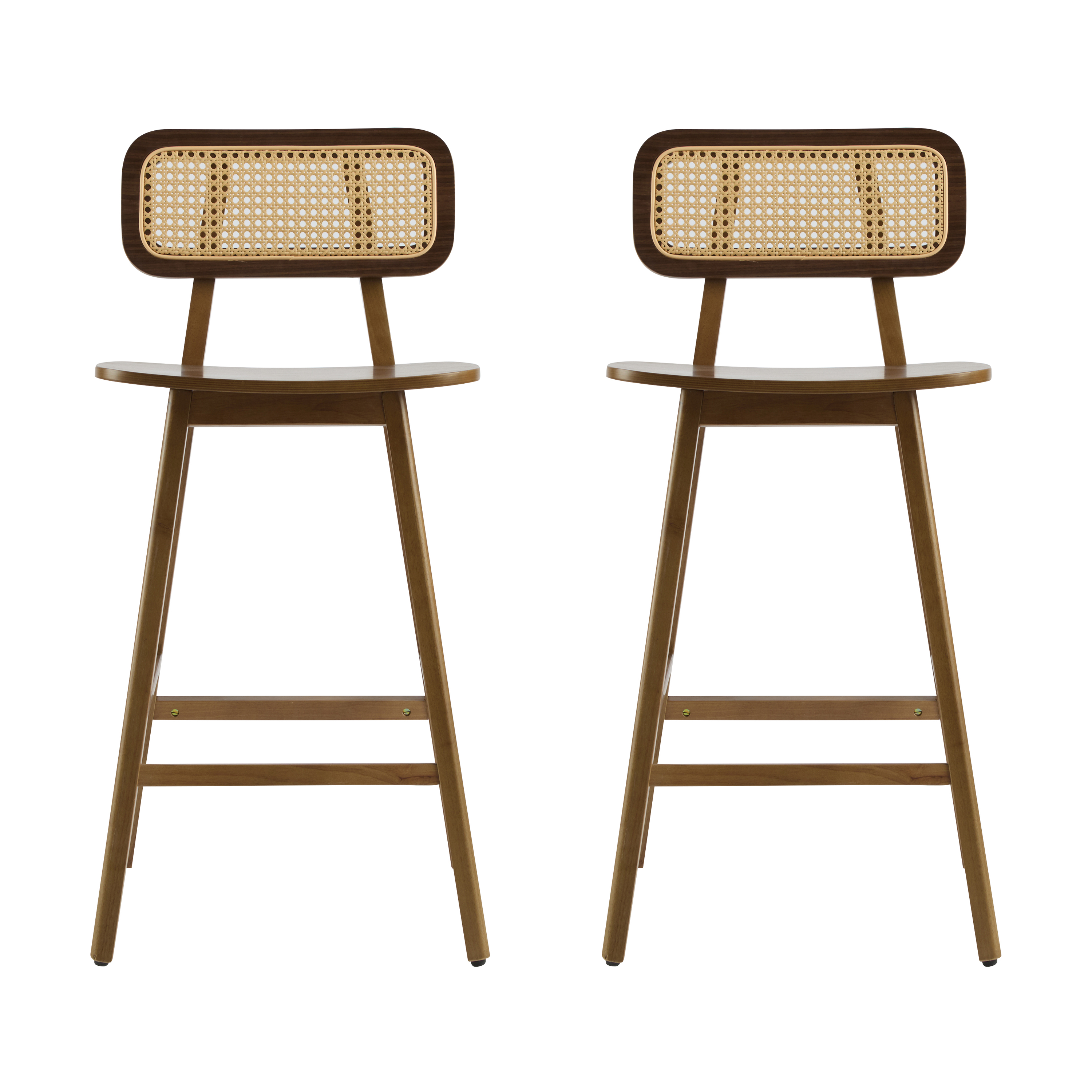 Ensemble de 2 tabourets de bar modernes Bari de Noble House, dossier en rotin, structure en bois, noyer