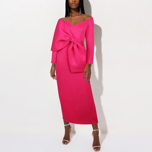 Birdeem Robe Longue à Manches Longues pour Femmes Mode Unie avec Nœud en V Taille Haute pour Fête