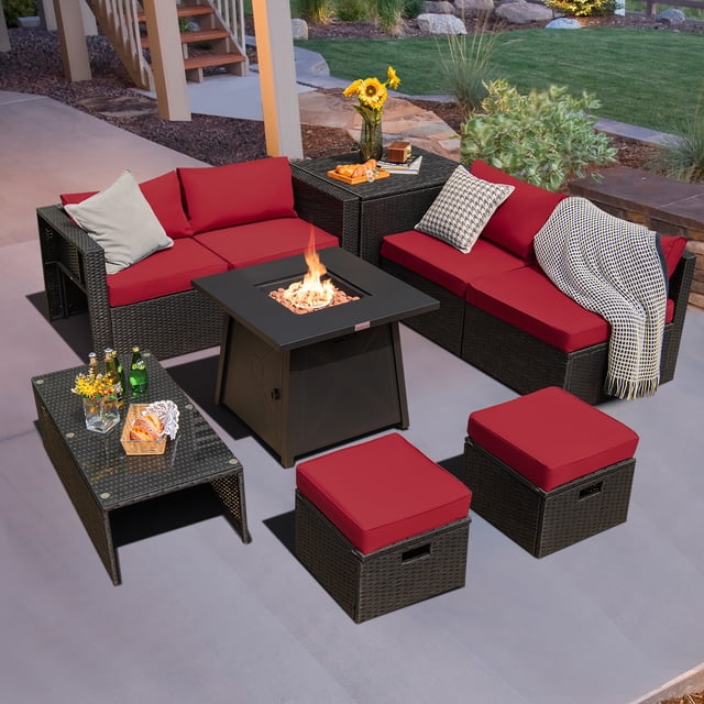 Costway Ensemble de Mobilier de Terrasse en Rotin 9 Pcs avec Foyer, Gain de Place, avec Housse, Coussin Rouge
