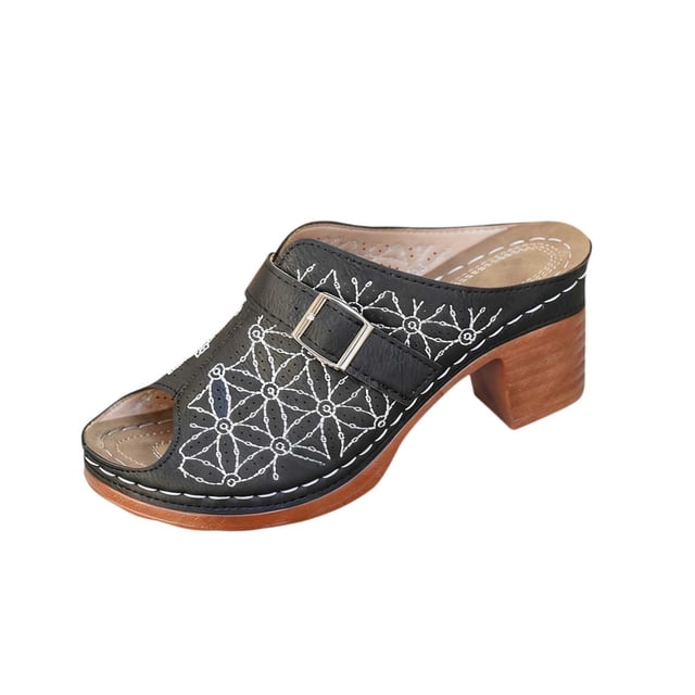 Wdhugt Floral Embroidered High Heel Slippers For Women Metal Buckle Half-Covered Toe Spring Summer Style Us Size 7 Heel Height 2.87 Inches Pu Material