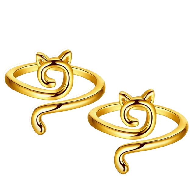 LSLJS Knitting Loop Crochet Loop Knitting Accessories Knitting Adjust, featuring two gold-tone rings with a cat-inspired design, including pointed ears and a curled tail. These rings are designed to assist with knitting by maintaining consistent yarn tension and preventing blisters. Made from durable, vintage-plated copper, they are suitable for both left and right-handed use. Ideal for knitting enthusiasts and as a decorative accessory.