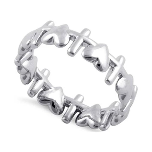 925 Silver Oxidized Platinum Plated Heart And Cross Pattern Eternity Women Ring