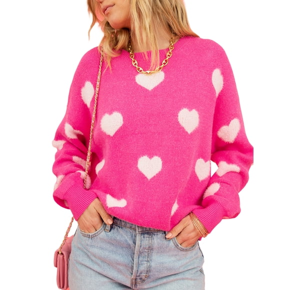Gupgi Women Heart Print Sweaters Romantic Loose Sweatshirt Valentine's Day Love Long Sleeve Knitted Pullover Tops
