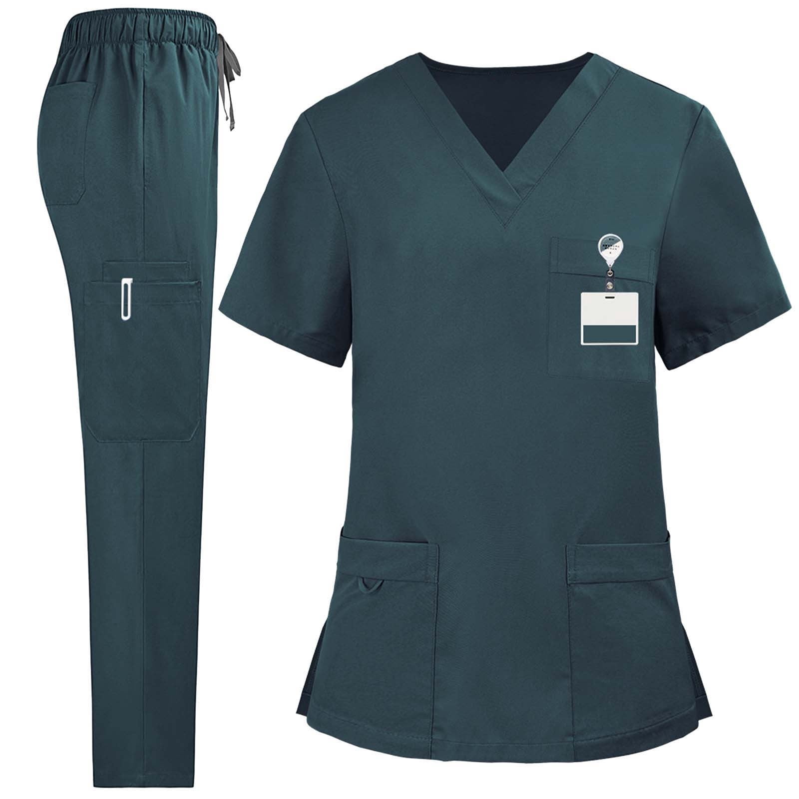 Women's Solid Color Loose Drawstring Pants Pocket Caregiver Short Sleeve V-Neck Top Nurse Uniform Set