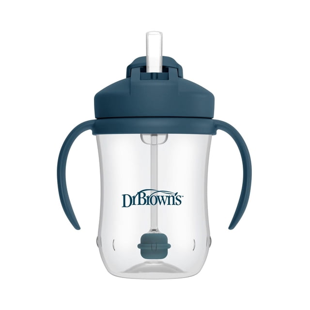 Dr. Brown's Milestones Gobelet à Paille pour Bébé Bleu avec Corps Profilé Transparent, Paille Lestée Souple pour Boire sous n'Importe Quel angle, Poignées Verrouillables pour une Prise Facile, Couvercle Coulissant Anti-Déversement et Pièces Amovibles pour un Nettoyage Facile, Convient aux Bébés de 6 Mois et Plus.
