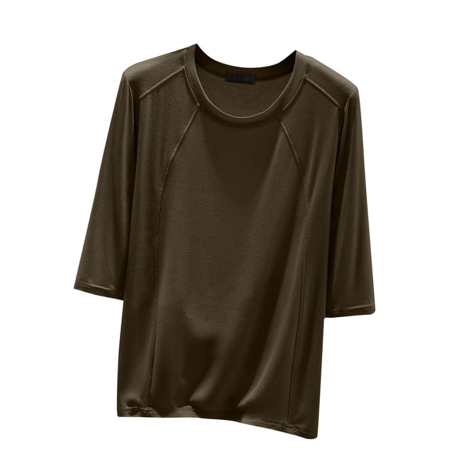 Timegard Hauts pour Femmes Col Rond Manches 3/4 Blouse Ample Confortable Décontractée Couleur Unie Pyjama T-Shirt Hauts