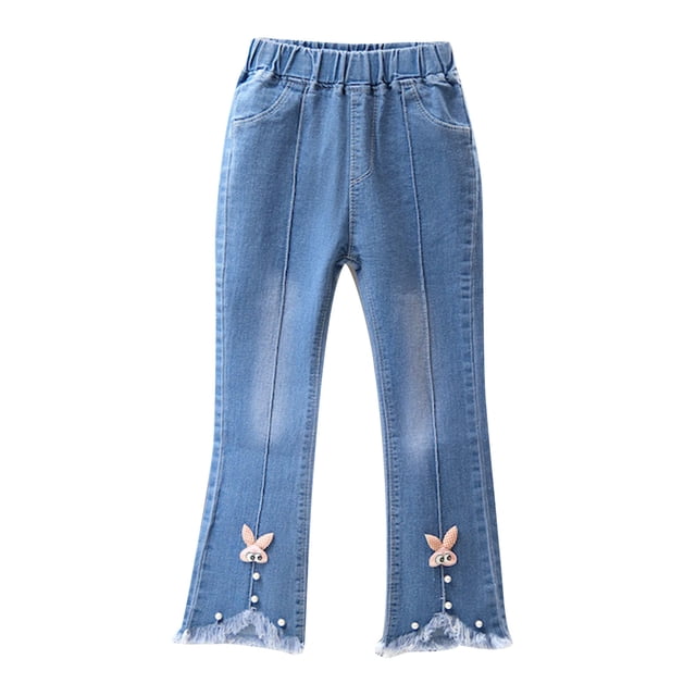 QIPOPIQ Jeans Ajustés à Taille Élastique pour Filles, Pantalon en Denim Simple Mode Déchiré 2-13 Ans Liquidation