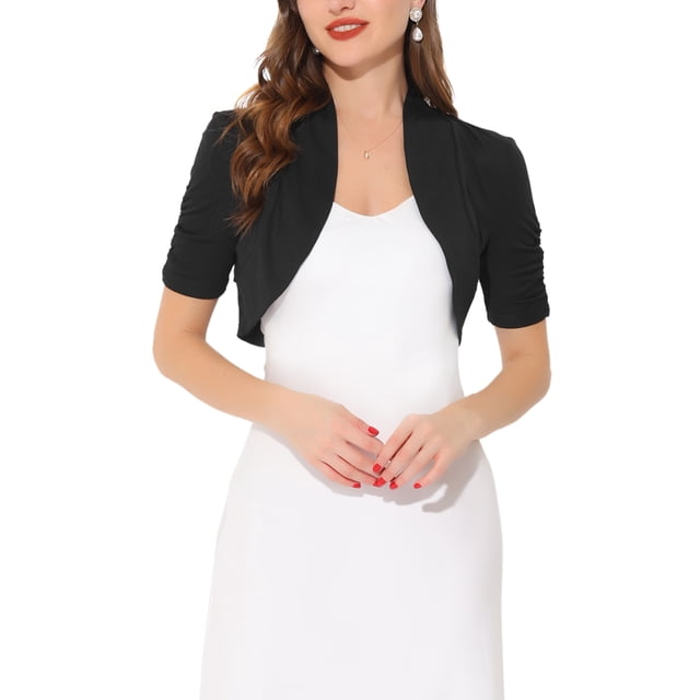 INSPIRE CHIC Boléros pour Femmes à devant Ouvert Bolero Manches Courtes Froncées Cardigan Court en Taille m et Couleur Noire. le Boléro Présente un Tissu Tricoté Léger et Extensible avec un devant Ouvert, des Manches Courtes Froncées et une Longueur Raccourcie pour une Coupe Ajustée. Il s'Agence avec une Robe Blanche, Mettant en Valeur Sa Polyvalence pour Superposer. Fait d'Un Mélange de polyester, de Rayonne et d'Élasthanne, Il Est Respirant et Convient aux Sorties Décontractées, aux Journées de Travail Ou aux Fêtes.