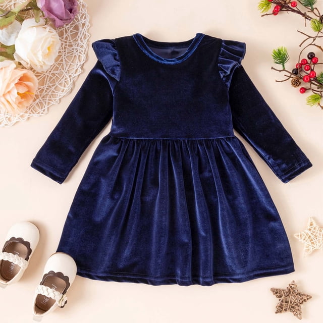 LSLJS Infant Toddler Girls Solid Color Single Sided Velvet Lace Long Sleeves Ruched Dress, Baby Outfits
